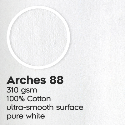 Arches 88, 310 gsm, 100 percent Cotton, ultra-smooth surface, pure white