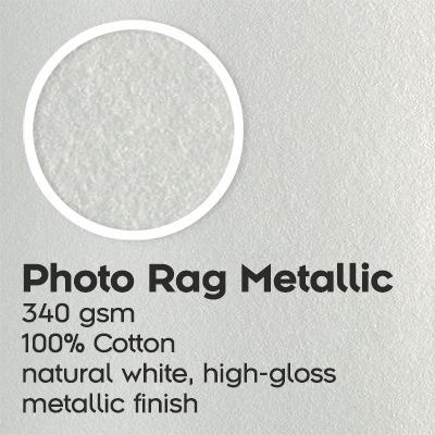 Photo Rag Metallic, 340 gsm, 100 percent Cotton, natural white, high-gloss, metallic finish